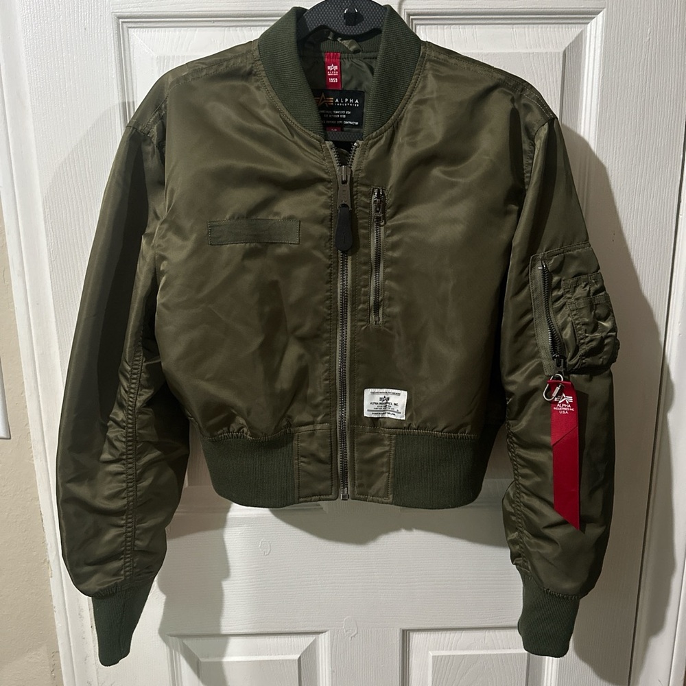 Alpha Industries Khaki Bomber Jacket with Red Tag